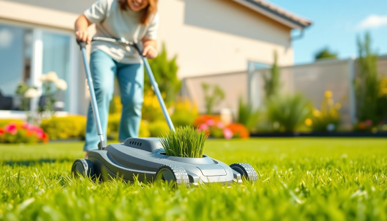 Electric lawn mower cordless in action, mowing a lush green lawn in a sunny garden setting.