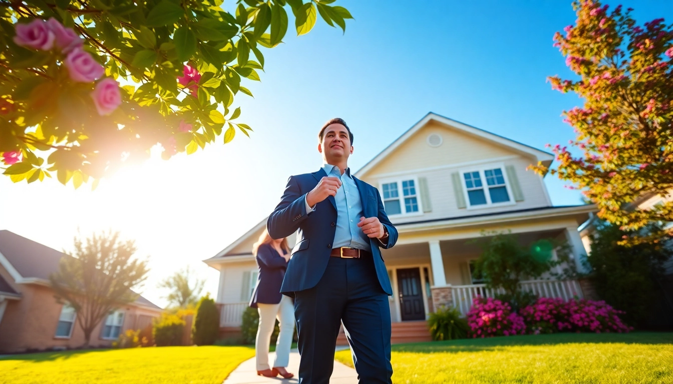 Showcasing real estate property in a lush suburban setting with a professional agent.