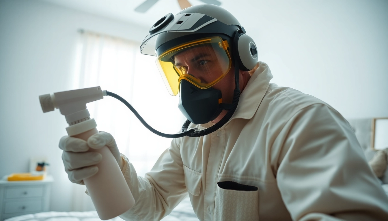 Action shot of a bed bug exterminator treating a bedroom for bed bug infestation, emphasizing professionalism and diligence.