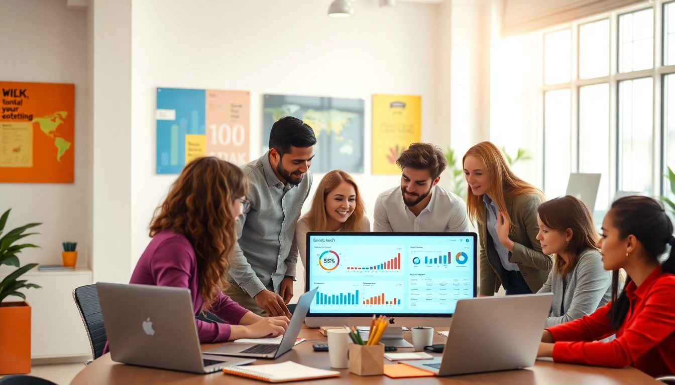 Illustration of enterprise search software in a collaborative office setting