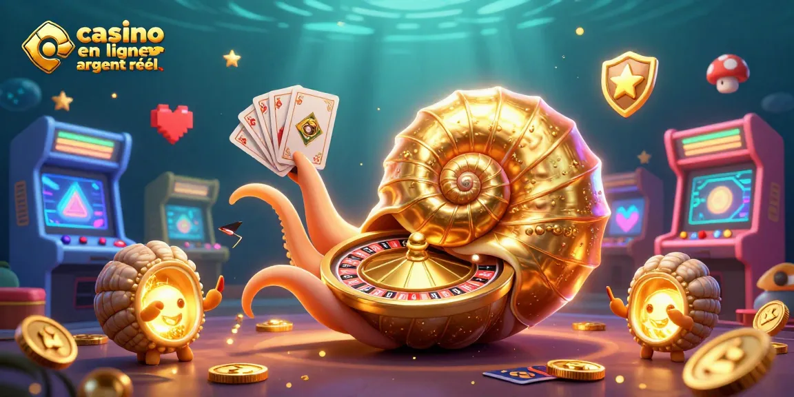 Plongée dans l'univers du casino en ligne argent réel avec un nautilus géant et des éléments ludiques scintillants.