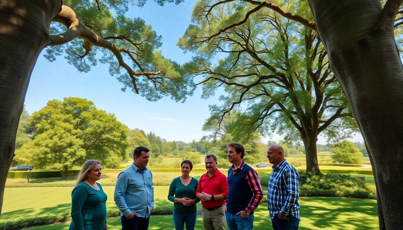 Black Mountain Tree Consultancy team engaging in a discussion about tree care in a professional outdoor setting.
