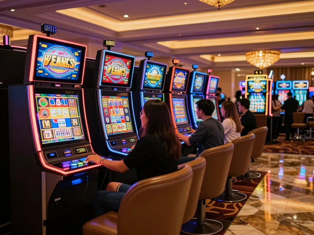 Players enjoying gori77 slot machines, experiencing vivid colors and thrilling gameplay.