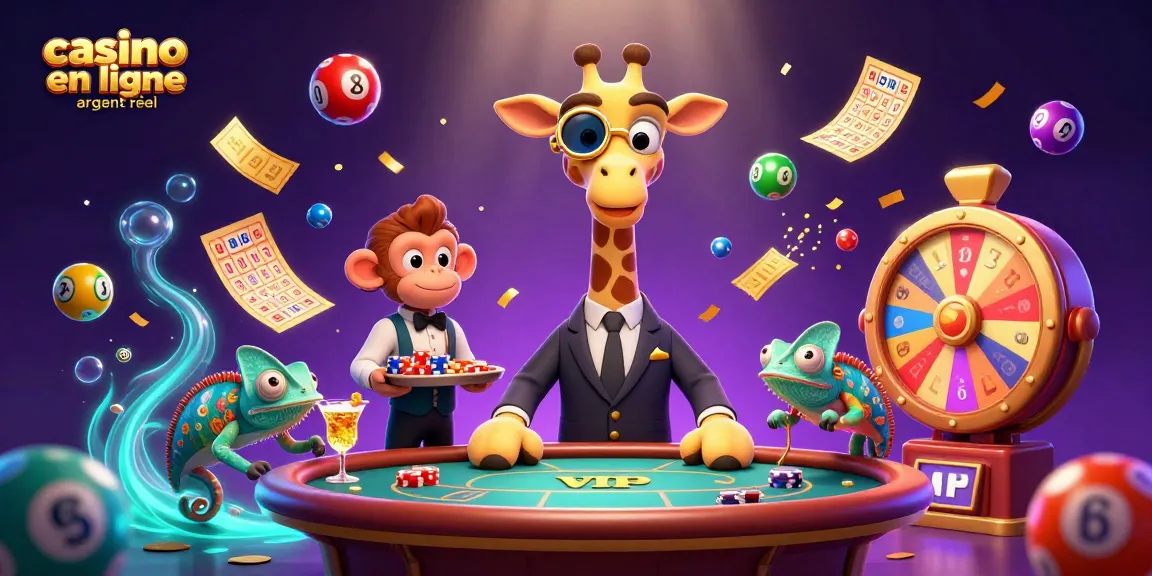 Les joueurs gagnent dans un casino en ligne argent réel avec un girafe, valet et barman, entourés de loteries.