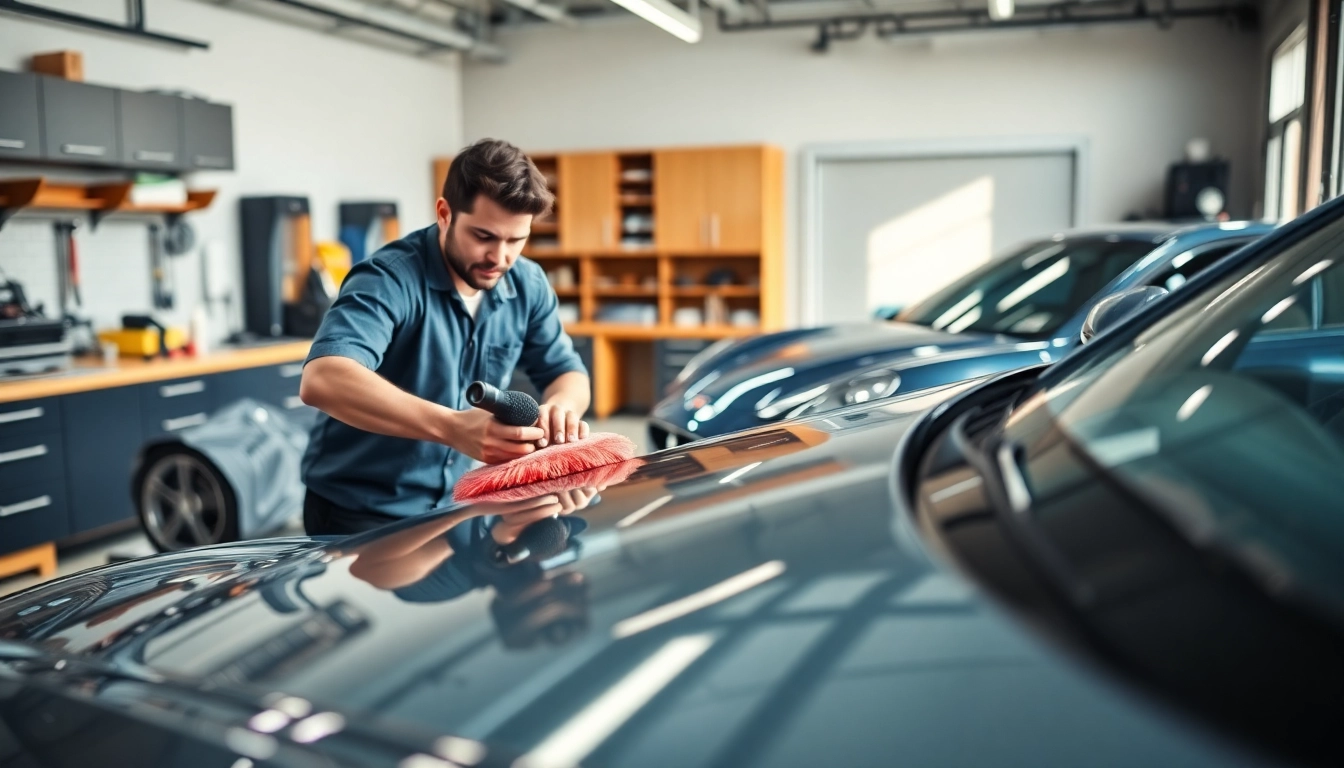 Professional car detailing with a detailer polishing a luxury vehicle in a bright garage.