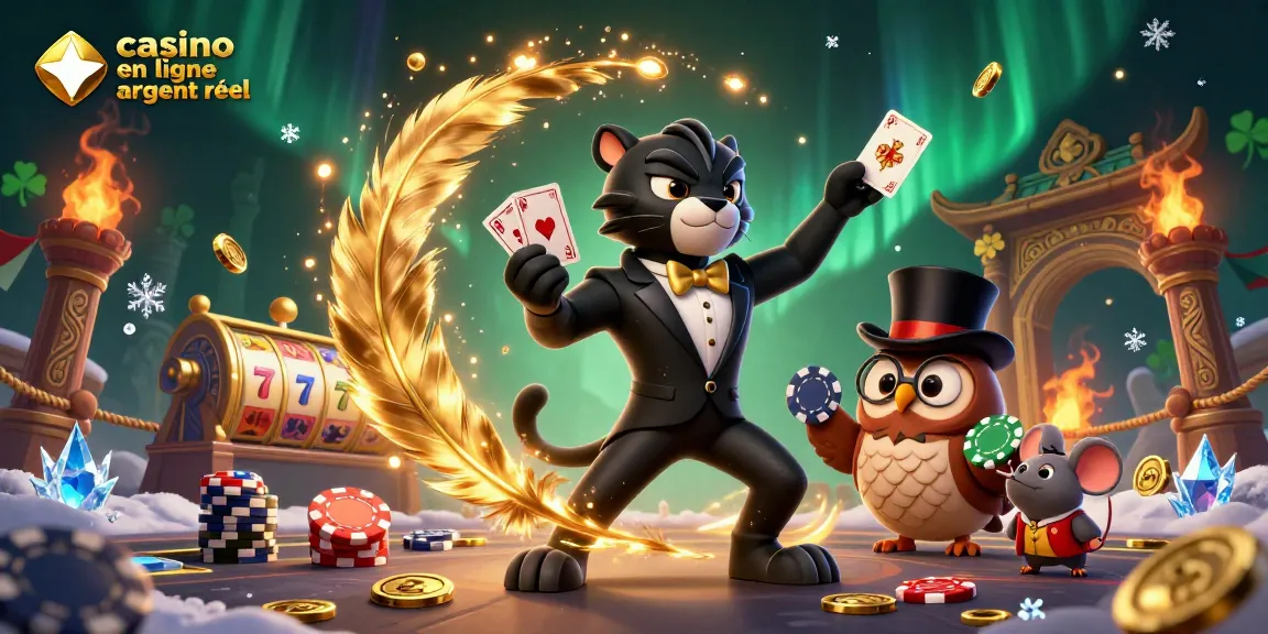La panthère en costume élégant gérant des cartes au casino en ligne argent réel, entourée d'éléments de jeux dynamiques.