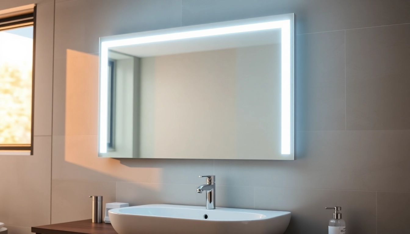 Reflective mirror and LED lights enhance a stylish modern bathroom ambiance.