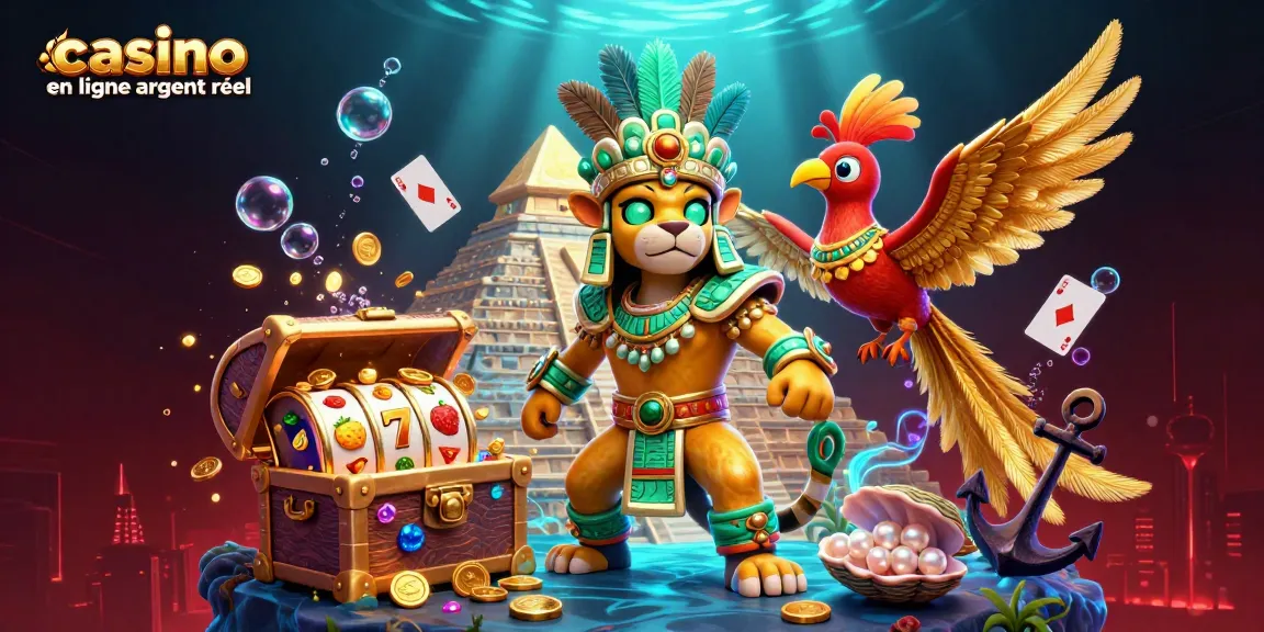 Plongez dans l'univers captivant du casino en ligne argent réel avec une illustration 3D colorée et dynamique.
