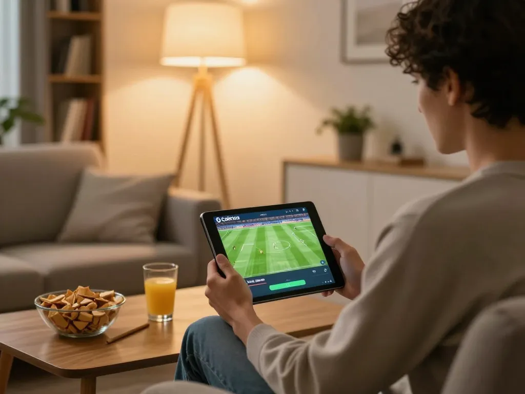 Cakhia user enjoying live football streaming on tablet in cozy living room setting.