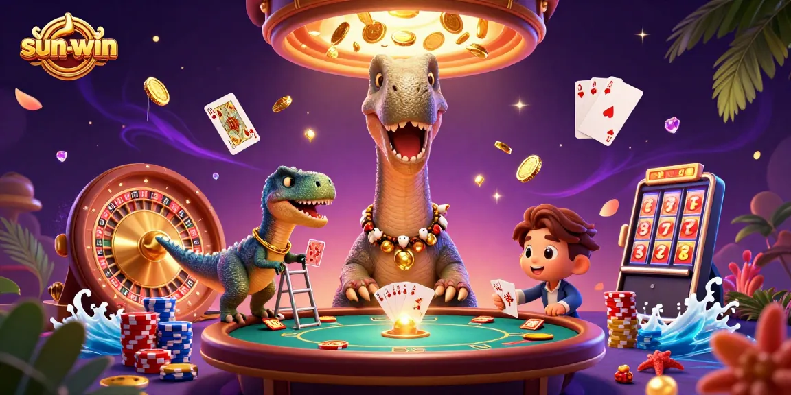 Engage with the sun-win online casino featuring a lively scene of cartoon characters in a packed casino atmosphere filled with vibrant games.