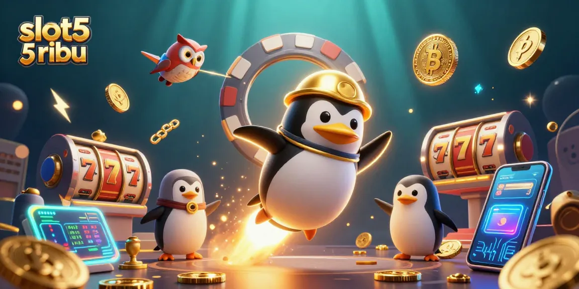 Experience the thrill of slot 5 ribu with golden penguins and winning reels in an exciting casino scene.