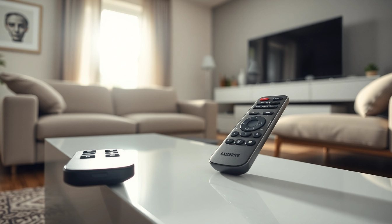 Samsung SolarCell remote replacement auf einem eleganten Couchtisch in einem modernen Wohnzimmer.