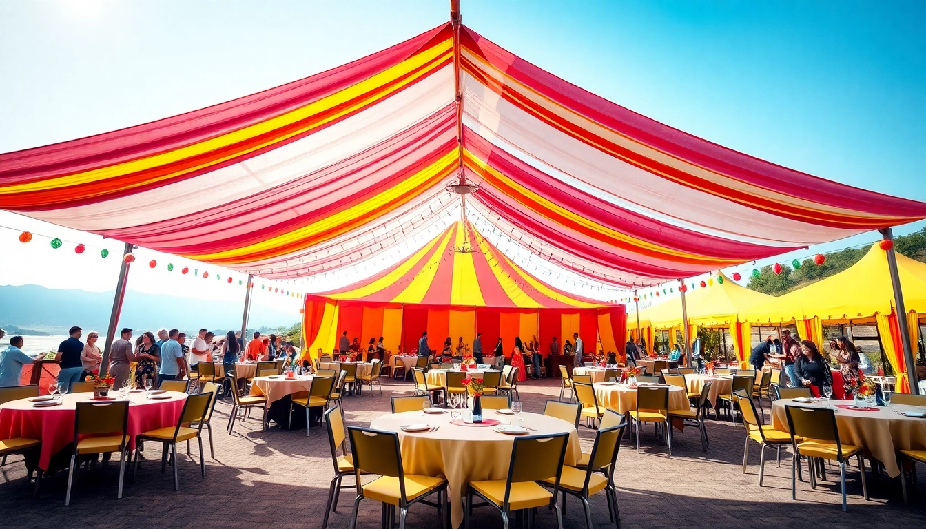 Enjoy a vibrant outdoor party setup with Party Rentals featuring colorful tents and lively decor.