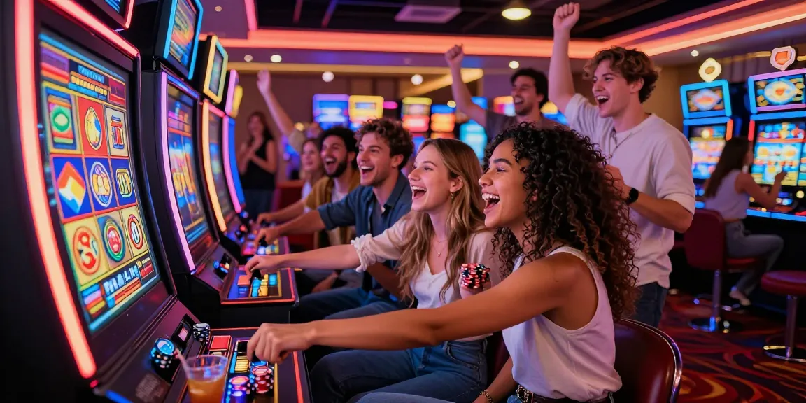 Friends playing a thrilling slot machine in a dazzling casino environment.