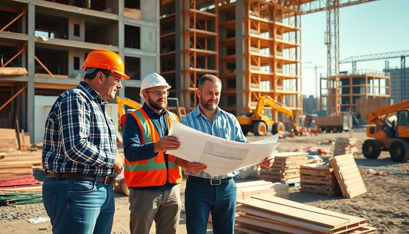 Construction association professionals collaborating on-site, showcasing teamwork and project management.