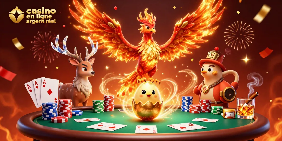 Jouez au casino en ligne argent réel avec une illustration de feu, des cartes à poker et des personnages mystiques.