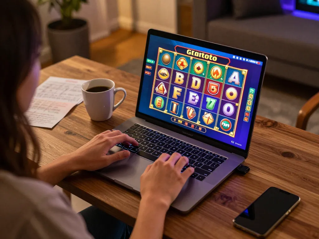 Playing gtatoto slots on a cozy laptop setup with colorful graphics and warm lighting