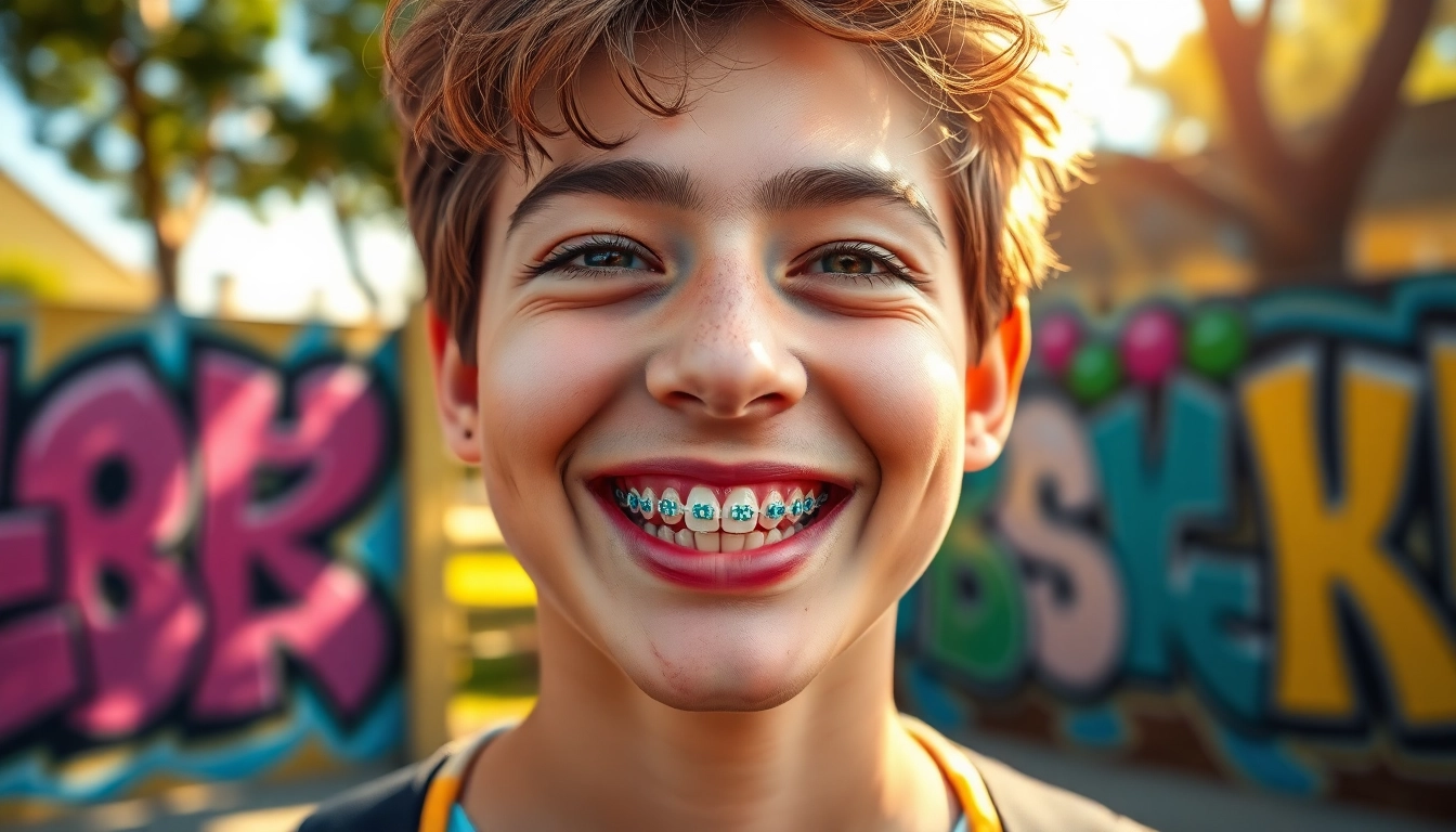 Cheerful teen showcases colourful braces, highlighting a stylish smile with vibrant colours.