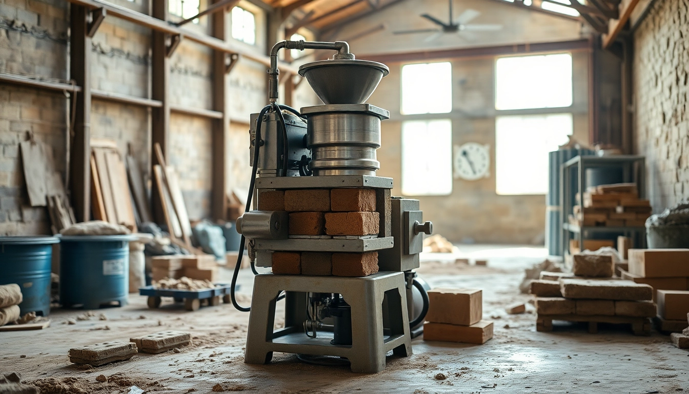 Efficient small brick making machine working in a vibrant workshop environment.
