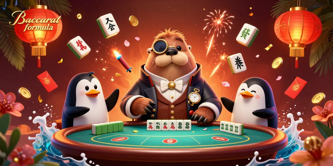 Baccarat formula represented in a vibrant 3D illustration showcasing a walrus at a poker table, vibrant casino atmosphere
