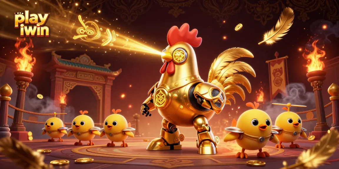 Play iwin with a golden rooster robot in action amidst stunning casino-themed visuals.