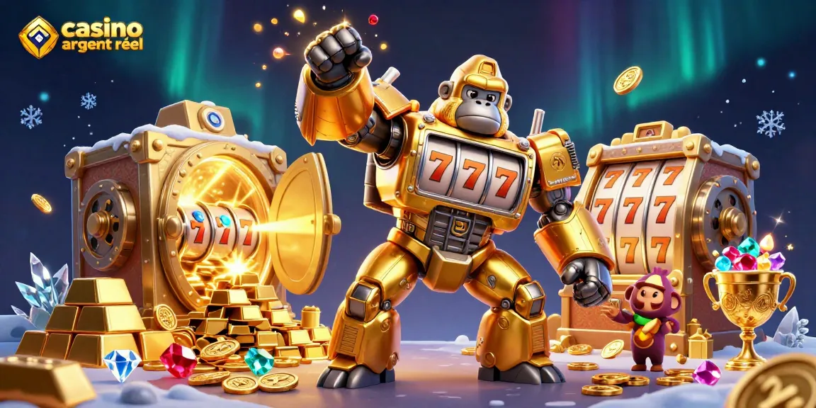 Profitez de l'action avec le gorille mech en or, symbole d'un casino en ligne argent réel rempli de trésors.