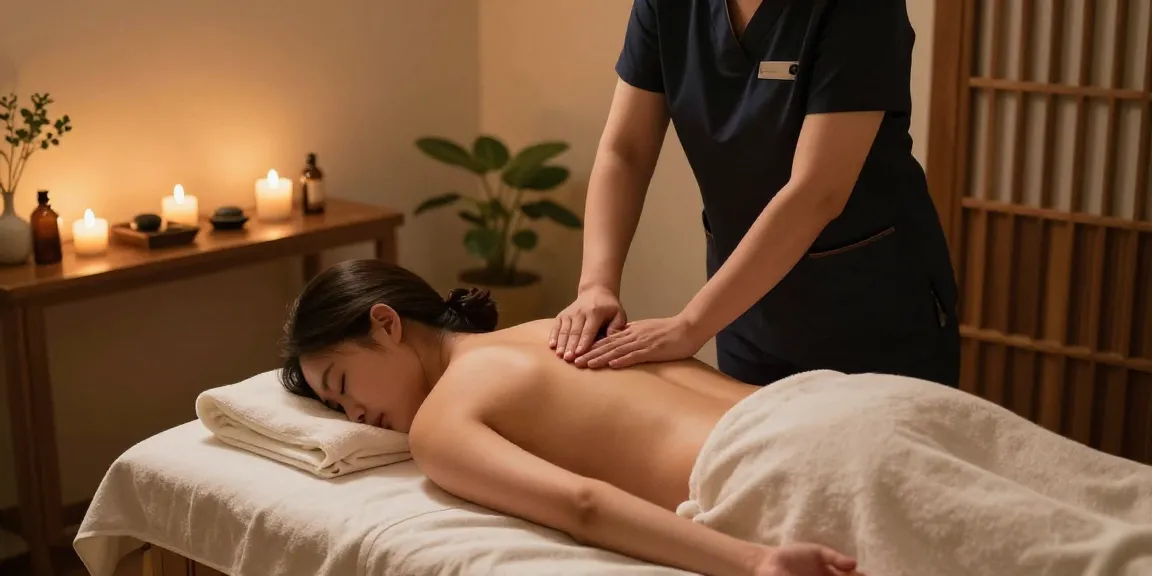 부산마사지 세션 중 편안한 마사지 테이블에서 아로마 오일을 사용하여 전문가가 제공하는 마사지 모습