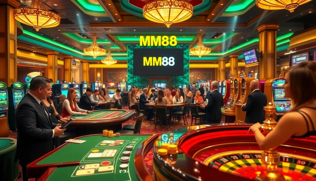 MM88 casino image showcasing vibrant tables and excited gamblers in a luxurious setting.