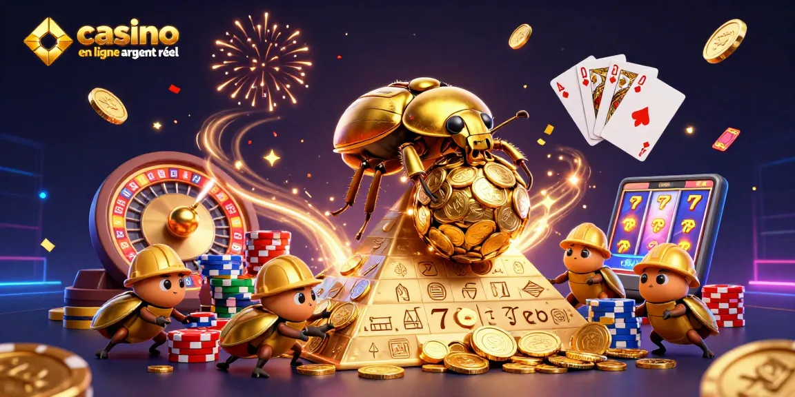 Illustration 3D dynamique de casino en ligne argent réel avec des scarabées dorés et des symboles de jeu.