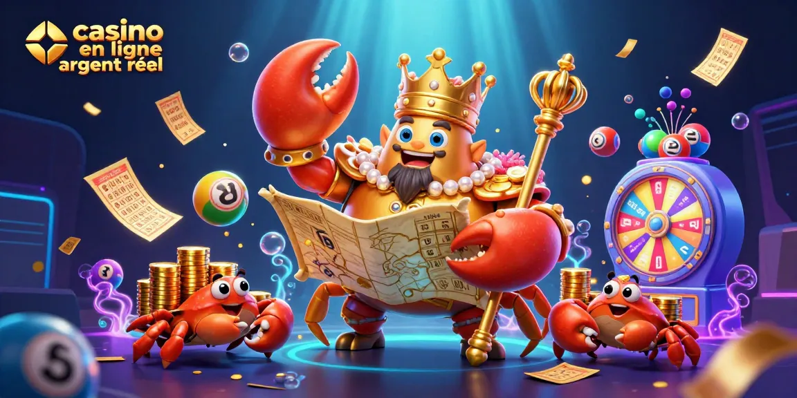 Gagnez dans un casino en ligne argent réel avec un crabe empereur et des éléments de jeu colorés.
