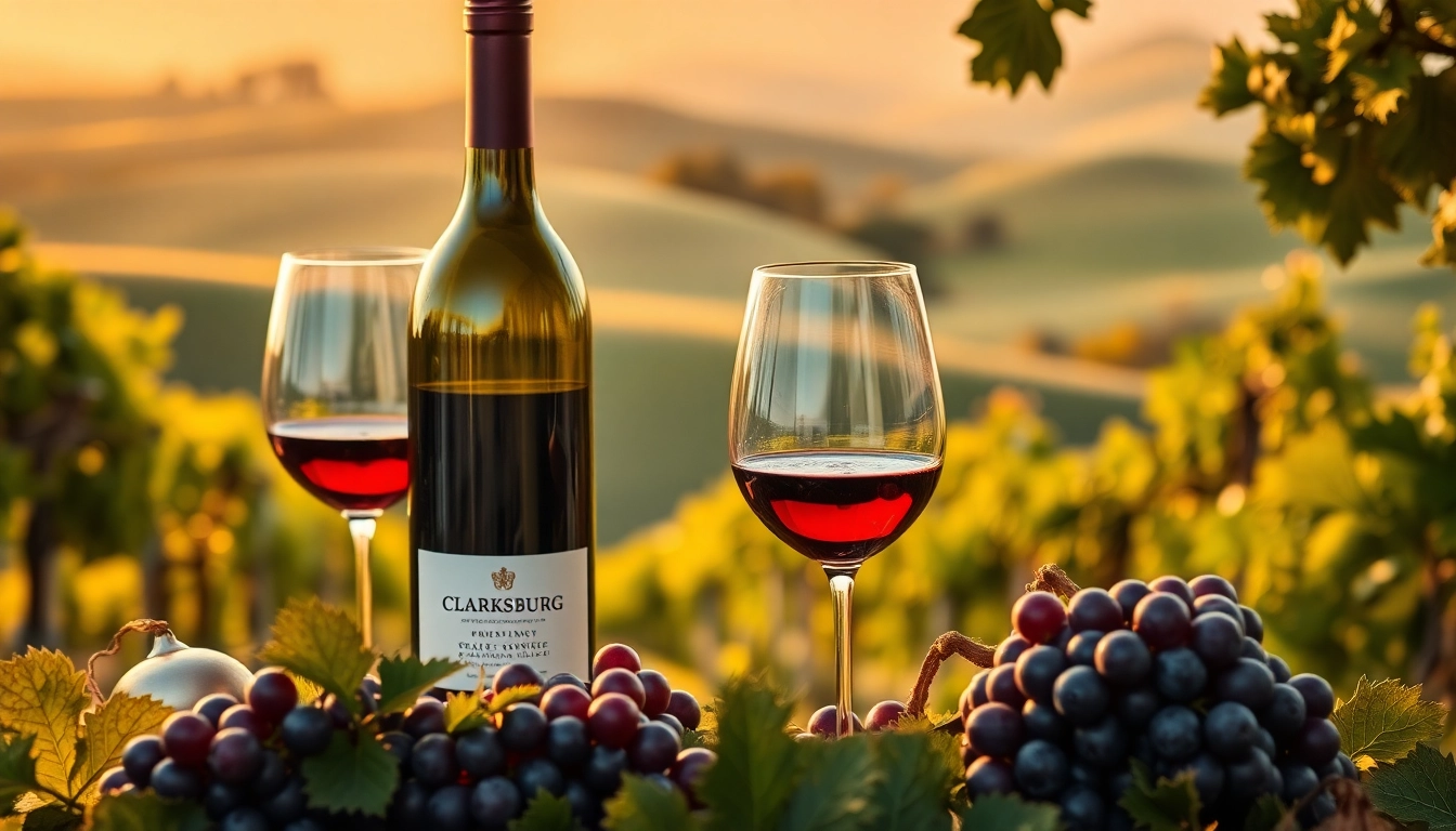 Savor Clarksburg wine tasting with beautifully arranged glasses and lush vineyard background at sunset.