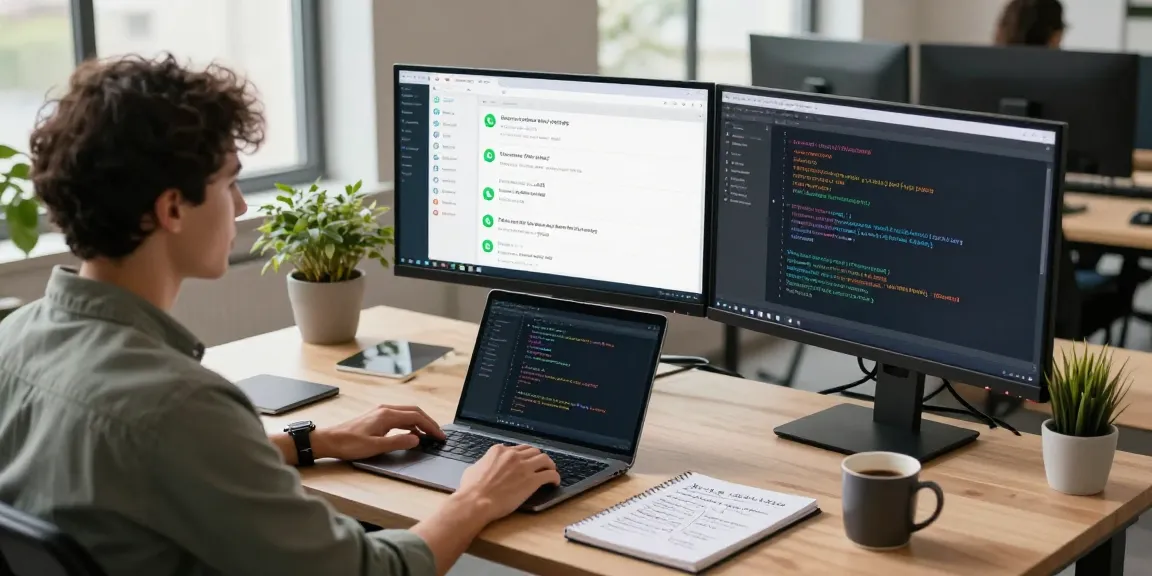 WhatsApp下載 showcased in a modern tech workspace with a developer coding features, enhancing digital communication.