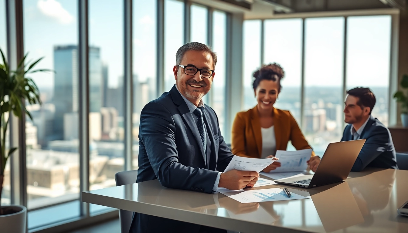 Engaging financial advisor San Antonio assisting clients in a modern office.
