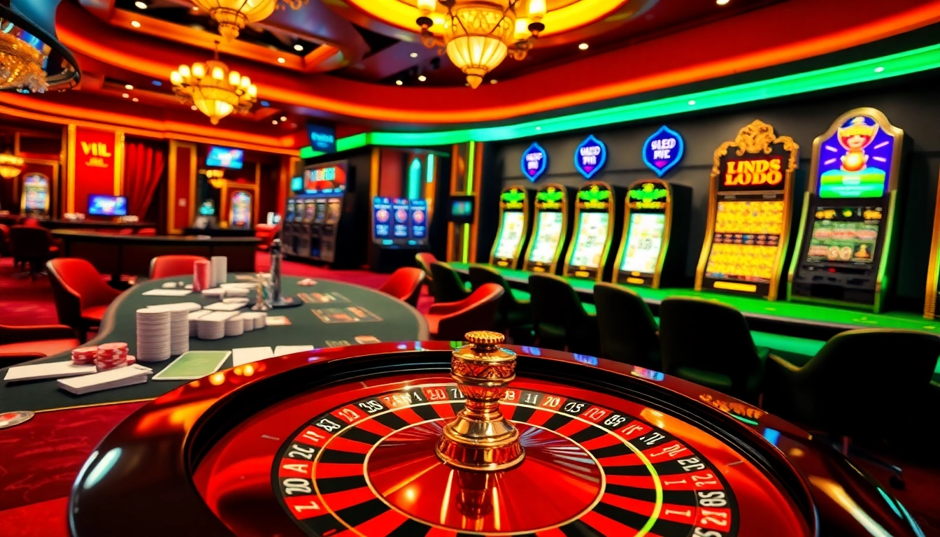 Scène dynamique de casino en ligne mettant en avant des tables engageantes et des éléments de jeu excitants.