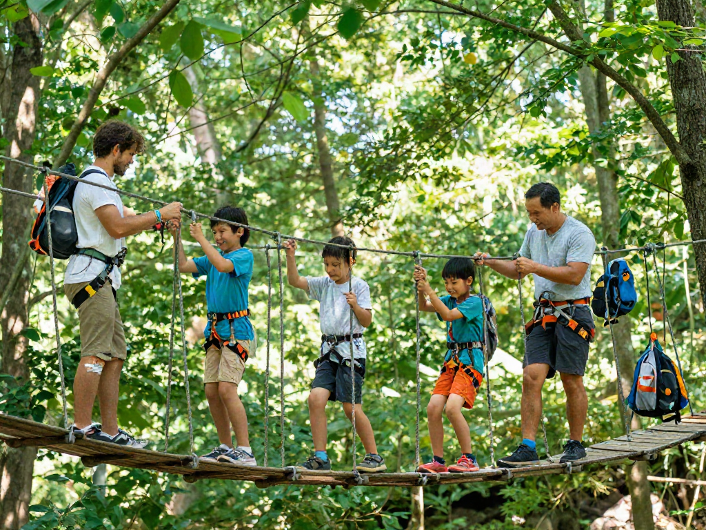 Family crossing a rope bridge in a vibrant forest, enjoying outdoor adventure.