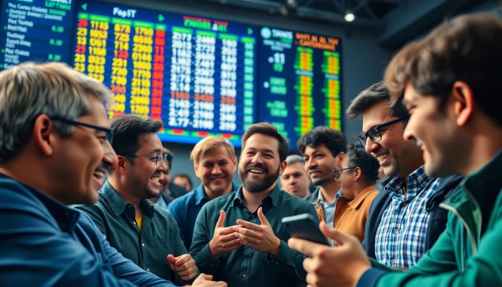 Orang-orang berdiskusi tentang sayaptogel, menampilkan ekspresi antusias dan papan skor digital.