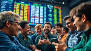 Orang-orang berdiskusi tentang sayaptogel, menampilkan ekspresi antusias dan papan skor digital.