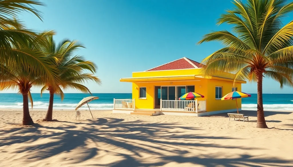 Enjoy a vibrant coastal cabana on a sunny beach with palm trees and colorful umbrellas.