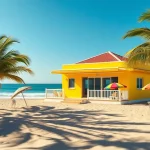 Enjoy a vibrant coastal cabana on a sunny beach with palm trees and colorful umbrellas.