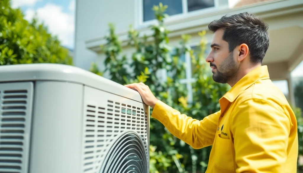 Technician adjusting HVAC system at https://nobleheatingairservices.com with bright garden backdrop.