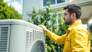 Technician adjusting HVAC system at https://nobleheatingairservices.com with bright garden backdrop.