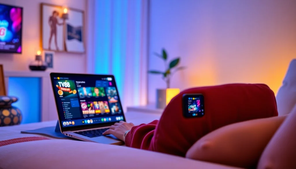 An engaging scene showcasing a user-friendly interface of https://whycazino.com on both laptop and mobile devices in an ambient-lit room.