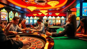 Menggambarkan suasana kasinojitu yang ramai dengan pemain bersemangat dan mesin slot berwarna-warni.