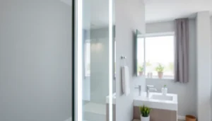 Den sonni Spiegelschrank mit LED-Beleuchtung in elegantem Badezimmer präsentieren.