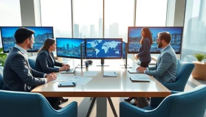 Showcasing international real estate websites strategies by professionals in a vibrant office