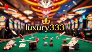 Gambarkan logo luxury333 dalam suasana kasino mewah dengan elemen permainan yang berwarna-warni.