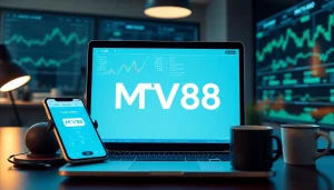 MV88 digital finance platform with a laptop, app interface, and charts in a modern workspace