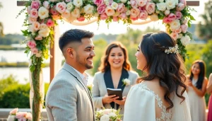Stunning wedding scene captured by wedding photographers Tampa, showcasing a couple exchanging vows with a beautiful waterfront backdrop.