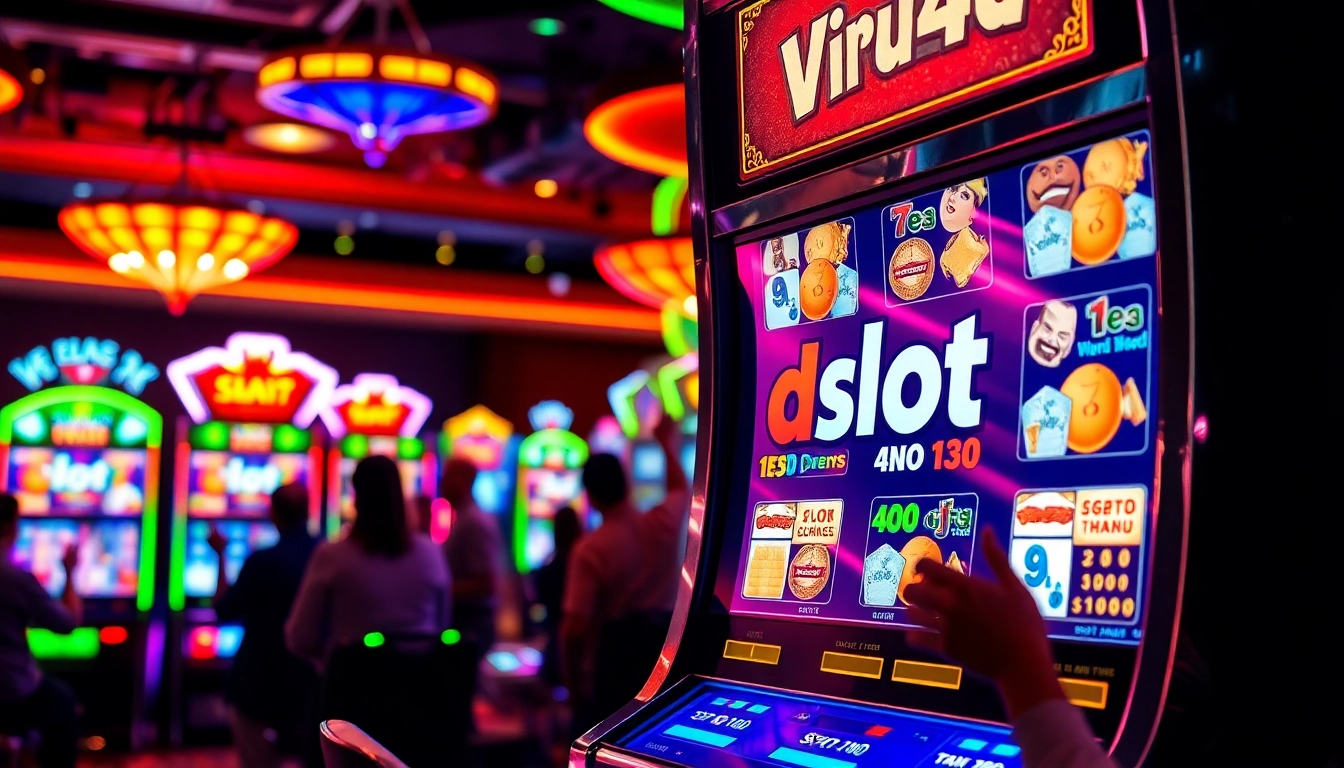 Bermain virus4d slot dengan semangat tinggi di kasino yang penuh warna dan lampu.