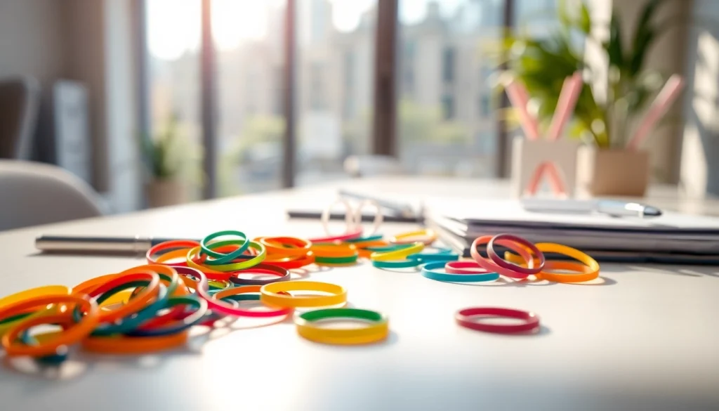 Utilisation de dalle caoutchouc pour organiser le bureau avec des élastiques colorés.